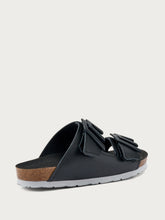 Two-strap leather sliders with logo - Black | FRAU