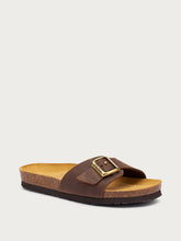 Oiled nubuck sliders with strap and cork footbed - Dark Brown | FRAU