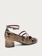 Snake-print leather Mary Janes with straps - Taupe | FRAU