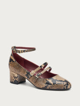 Snake-print leather Mary Janes with straps - Taupe | FRAU
