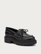 Leather boat shoes with double welt sole - Black | FRAU