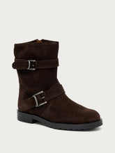 Suede double-buckle biker boots - Chocolate | FRAU
