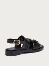 Perforated leather sandals with tassels - Black | FRAU