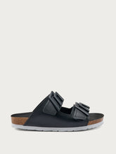 Two-strap leather sliders with logo - Black | FRAU