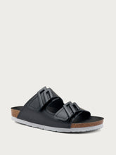 Two-strap leather sliders with logo - Black | FRAU