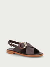 Leather sandals with round buckle - Dark Brown | FRAU
