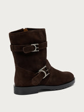 Suede double-buckle biker boots - Chocolate | FRAU