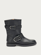 Leather double-buckle biker boots - Black | FRAU
