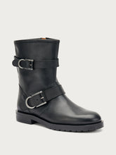 Leather double-buckle biker boots - Black | FRAU