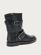 Leather double-buckle biker boots - Black | FRAU
