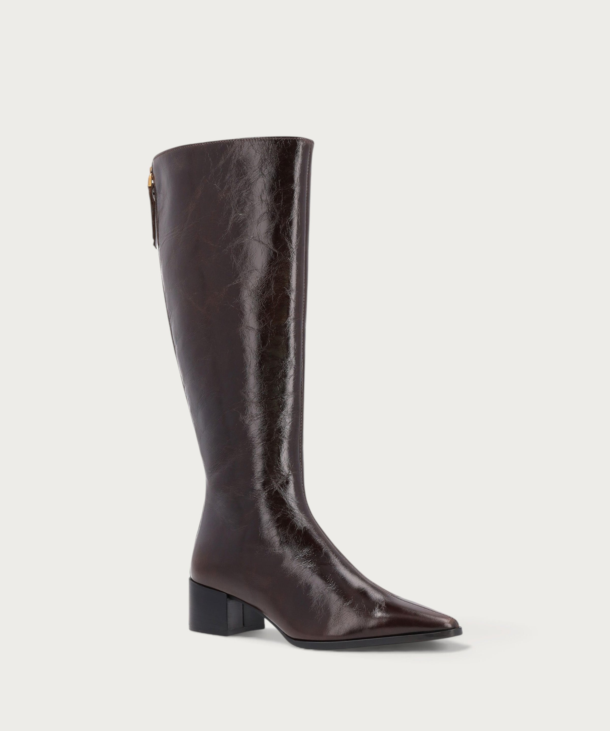 Knee-high heeled boots in brown polished leather