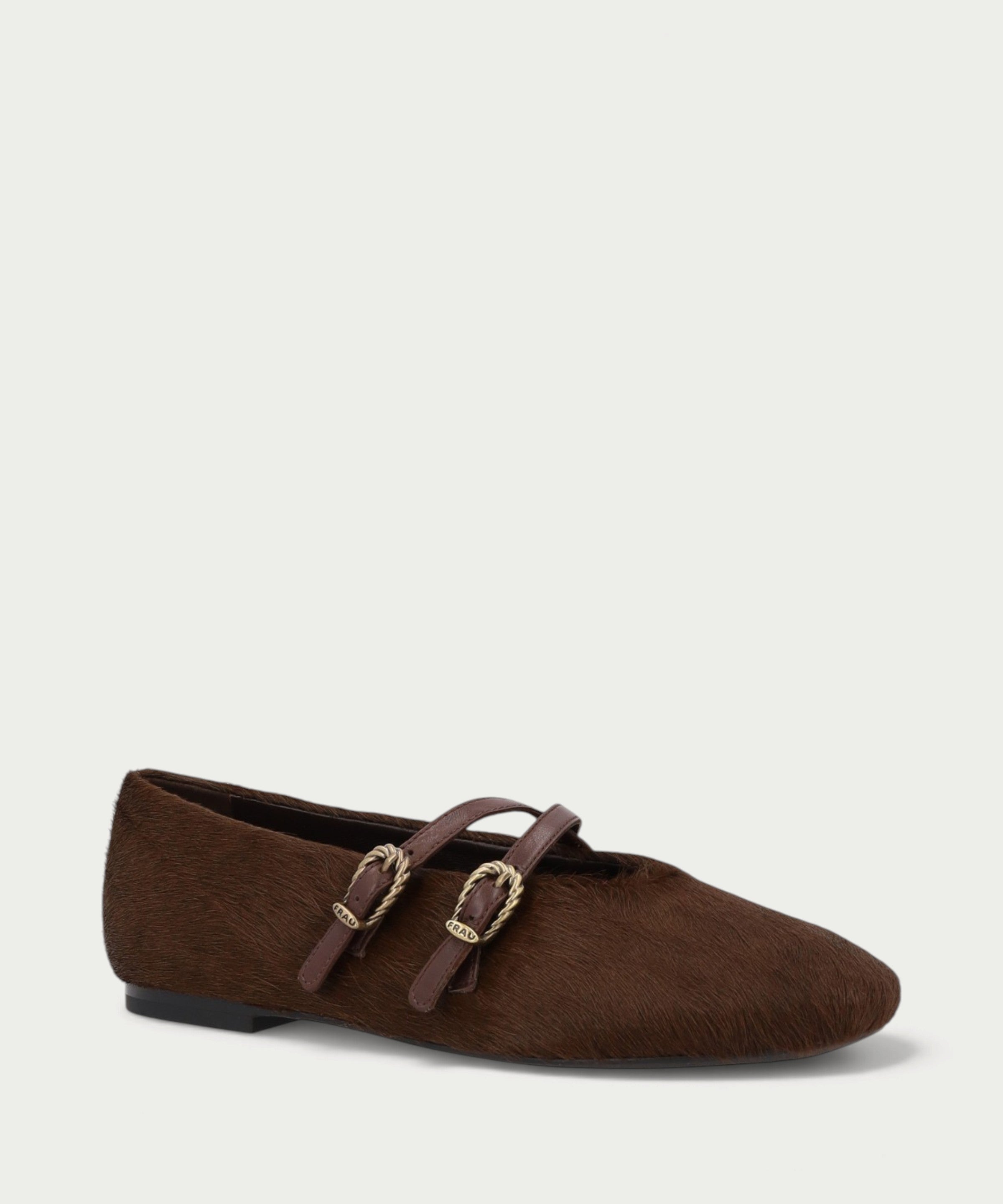 Brown pony-hair leather ballet flats with double strap