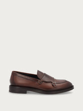 Men's airbrushed brown calfskin double-buckle loafers - Walnut | FRAU