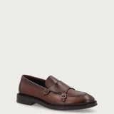 Men's airbrushed brown calfskin double-buckle loafers
