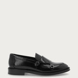 Men's elegant double-buckle loafers in polished black calfskin