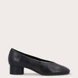 Black leather almond-toe pumps with round heel