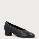 Black leather almond-toe pumps with round heel