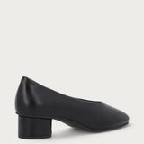 Black leather almond-toe pumps with round heel