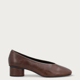Brown leather almond-toe pumps with round heel