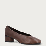 Brown leather almond-toe pumps with round heel