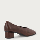 Brown leather almond-toe pumps with round heel