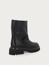 Women's leather biker boots with natural black tumbled finish - Black | FRAU