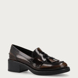 Women's brown brushed leather loafers with tassel and comfortable heel