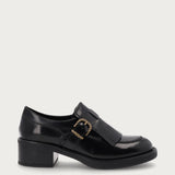 Women's fringed loafers in black brushed leather with comfortable heel