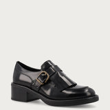 Women's fringed loafers in black brushed leather with comfortable heel