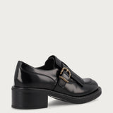 Women's fringed loafers in black brushed leather with comfortable heel