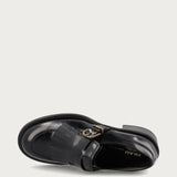 Women's fringed loafers in black brushed leather with comfortable heel
