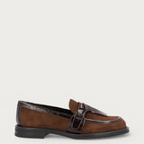 Women's brown suede loafers with tie detail