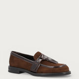 Women's brown suede loafers with tie detail