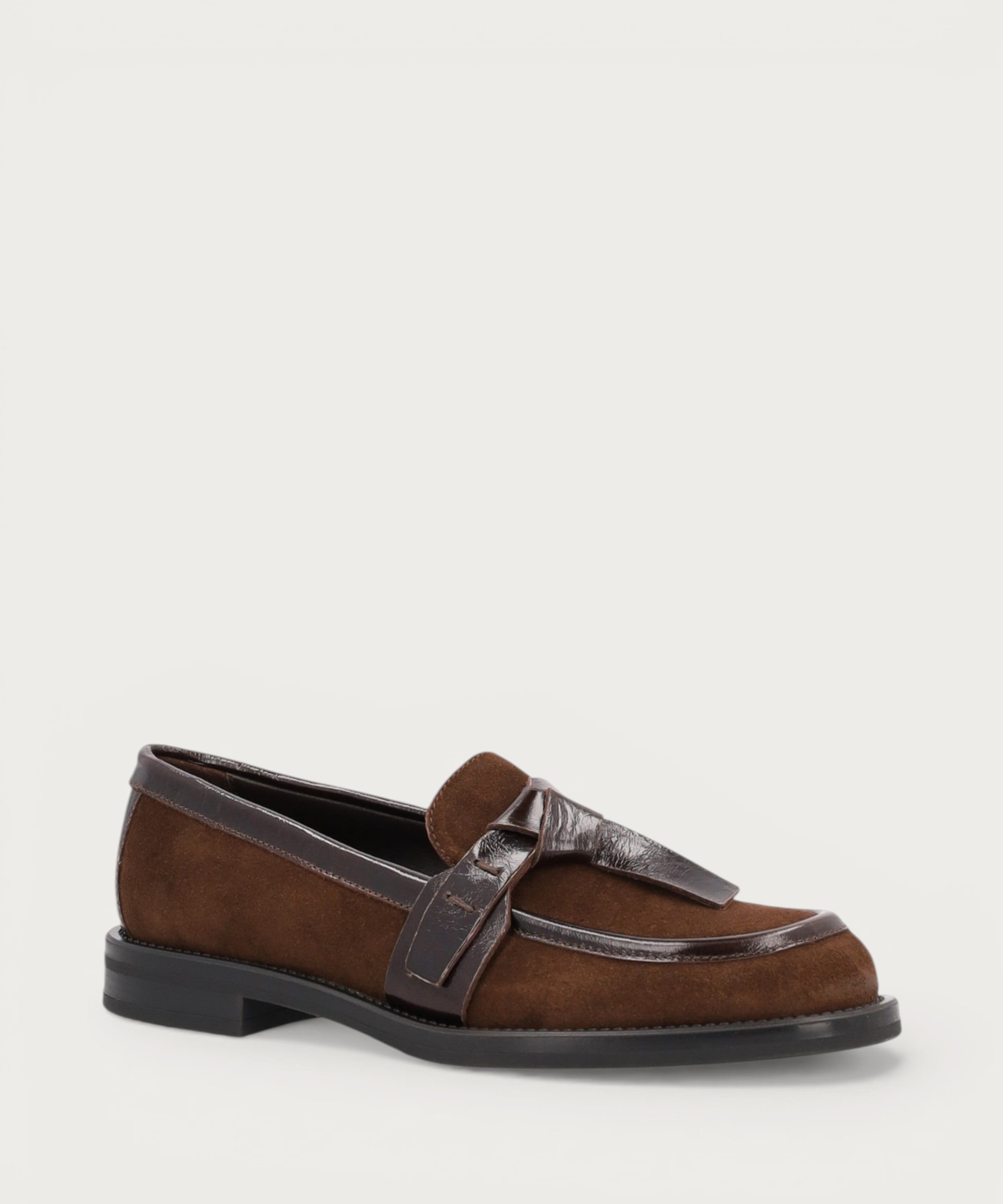 Women's brown suede loafers with tie detail