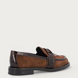 Women's brown suede loafers with tie detail