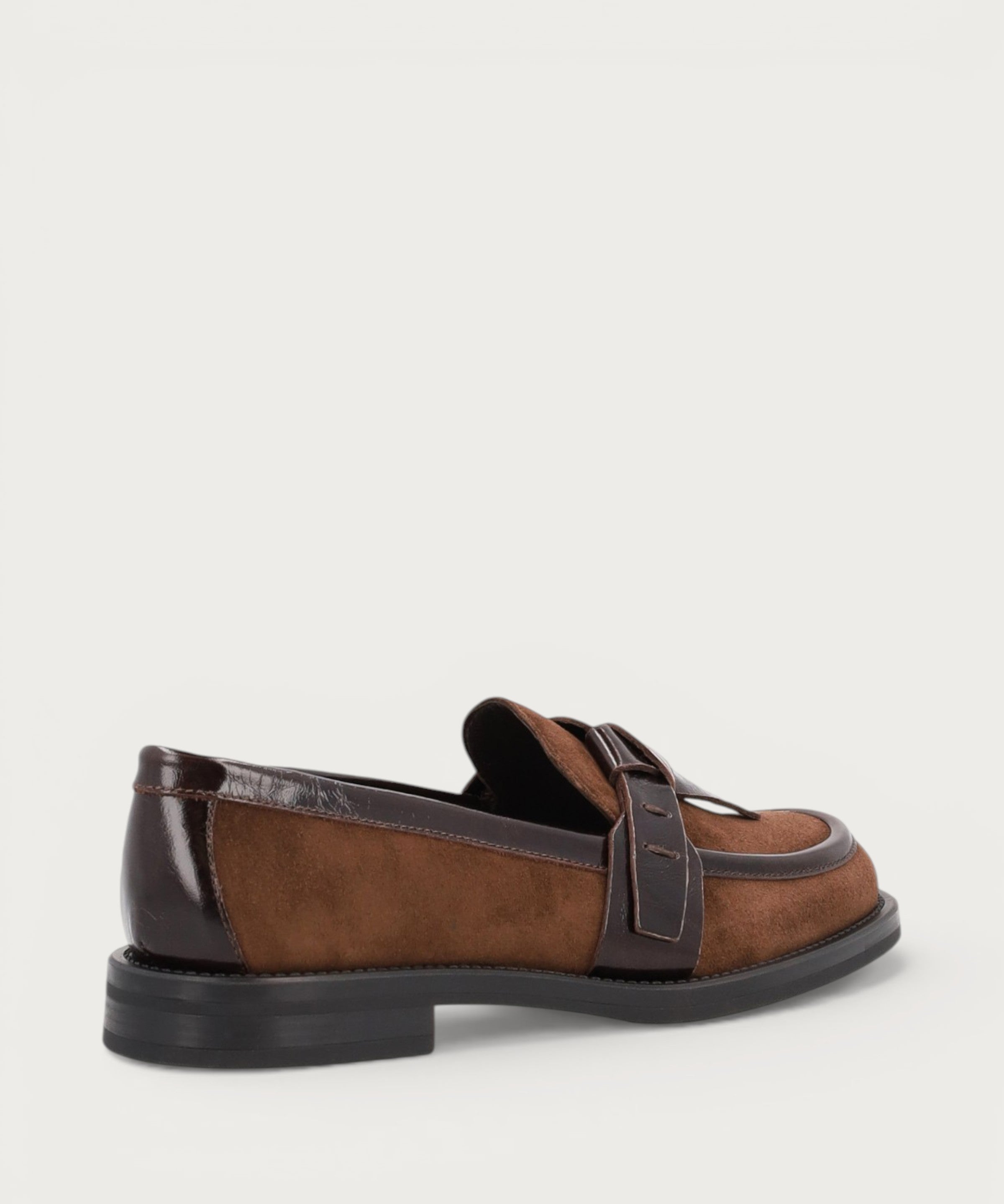 Women's brown suede loafers with tie detail