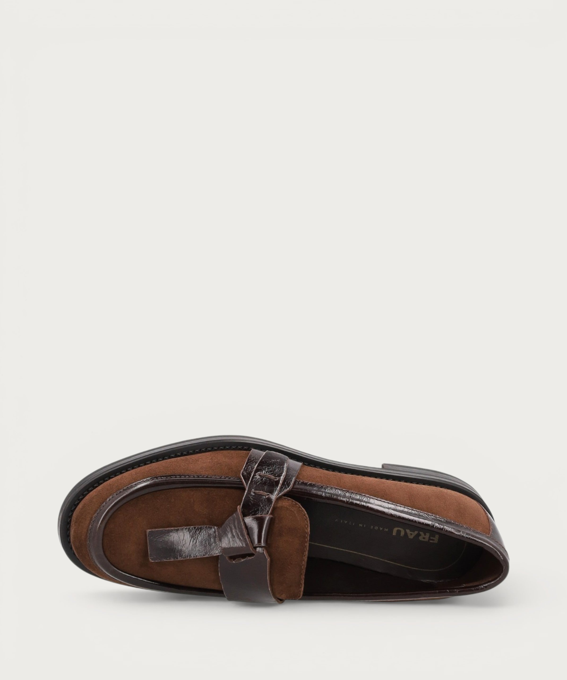 Women's brown suede loafers with tie detail