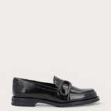 Women's polished black leather loafers with buckle