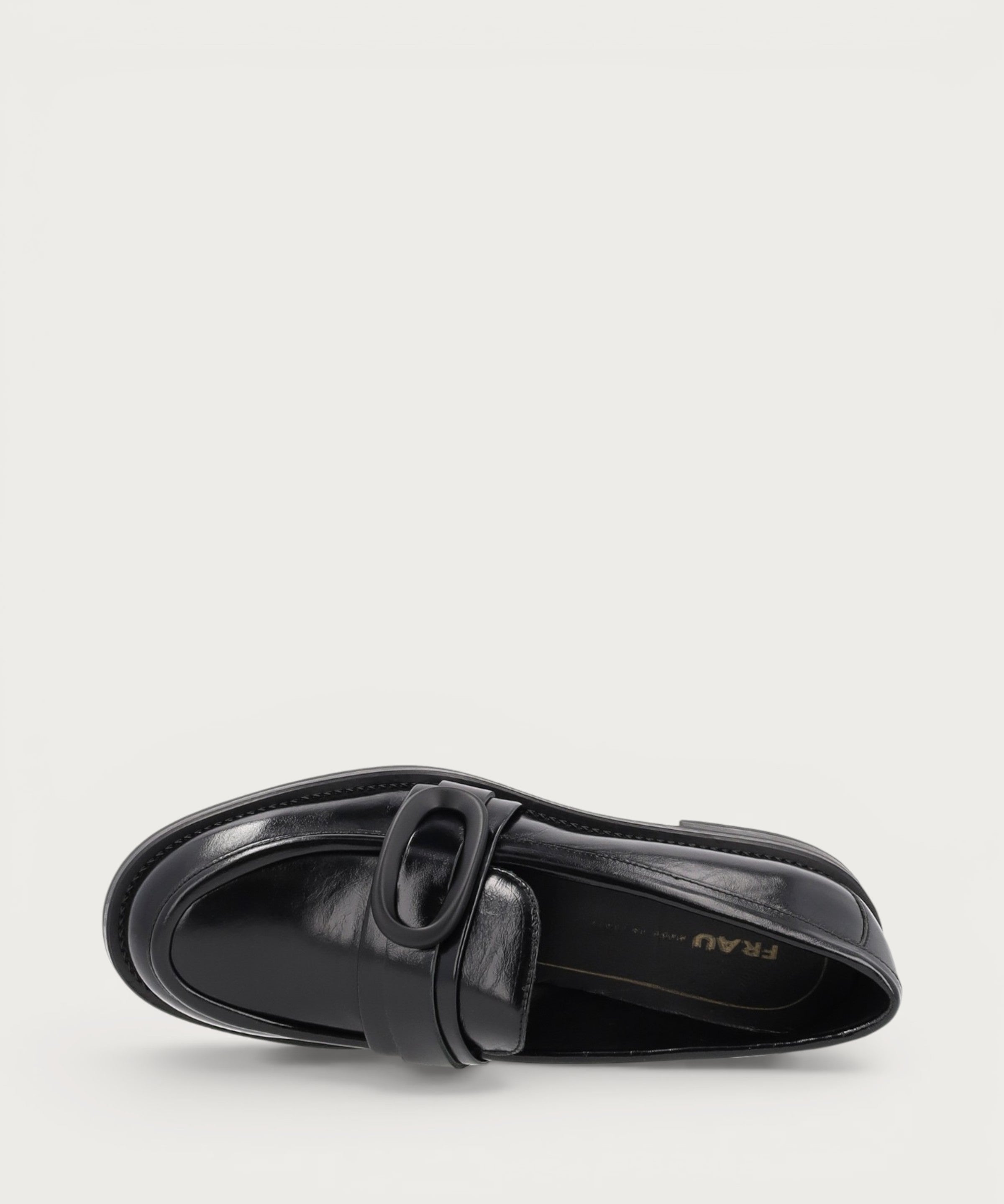 Women's polished black leather loafers with buckle