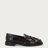 Women's burgundy brushed leather loafers with fringing
