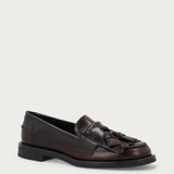 Women's burgundy brushed leather loafers with fringing