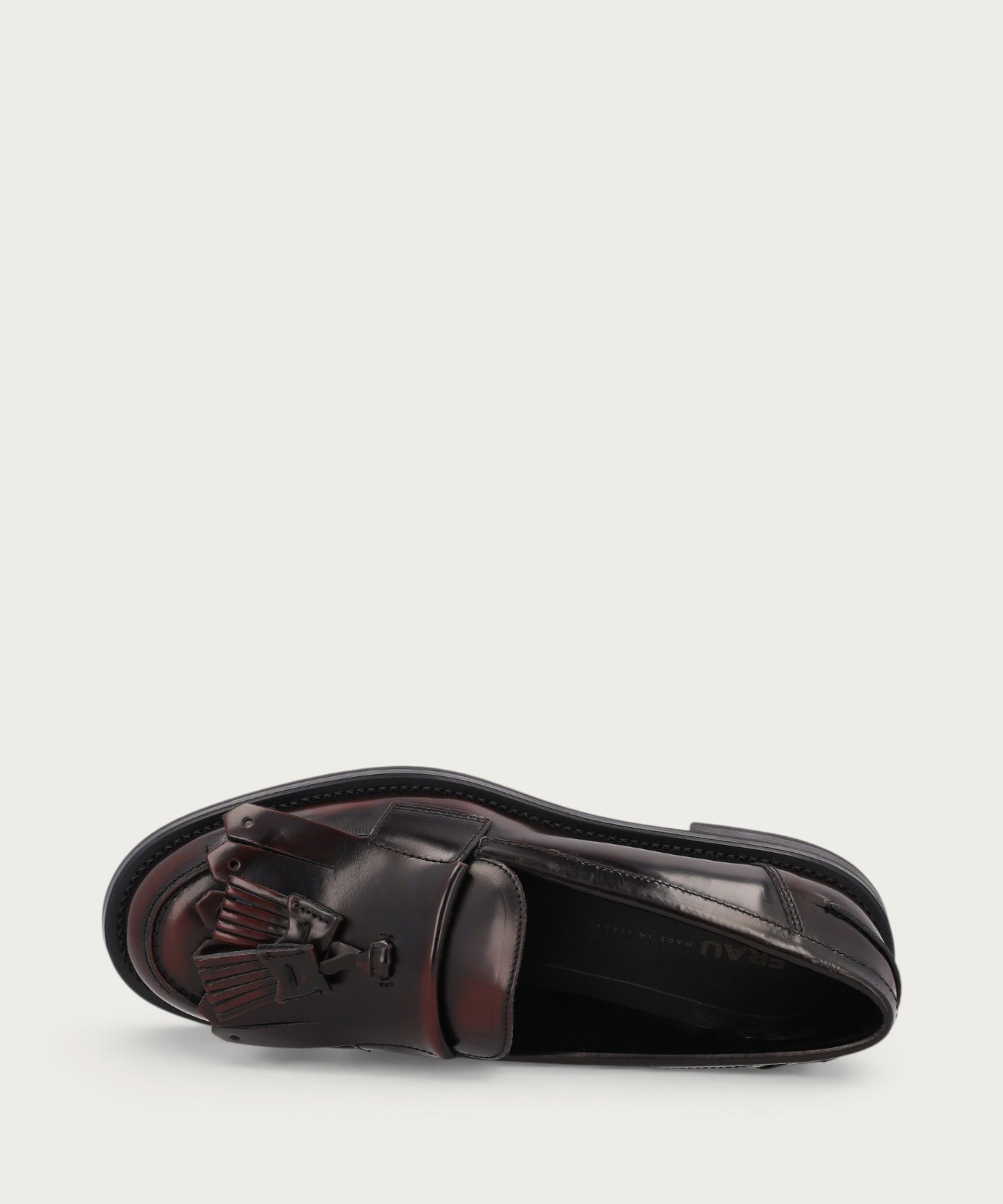 Women's burgundy brushed leather loafers with fringing