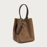 Small chocolate brown suede bucket bag