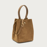 Small beige suede bucket bag