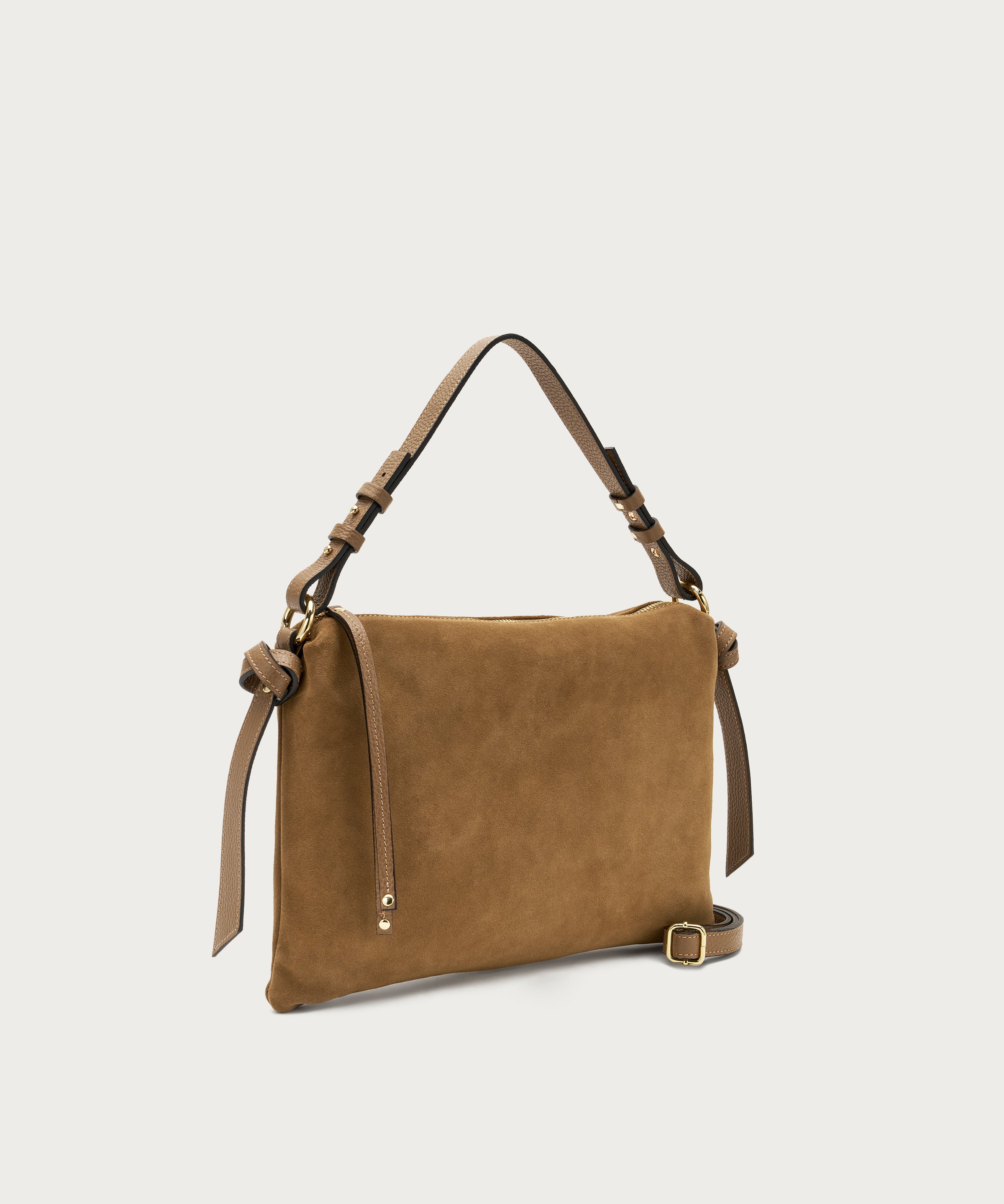 Rechteckige Maxitasche aus Veloursleder in Beige mit Henkel und Schulterriemen