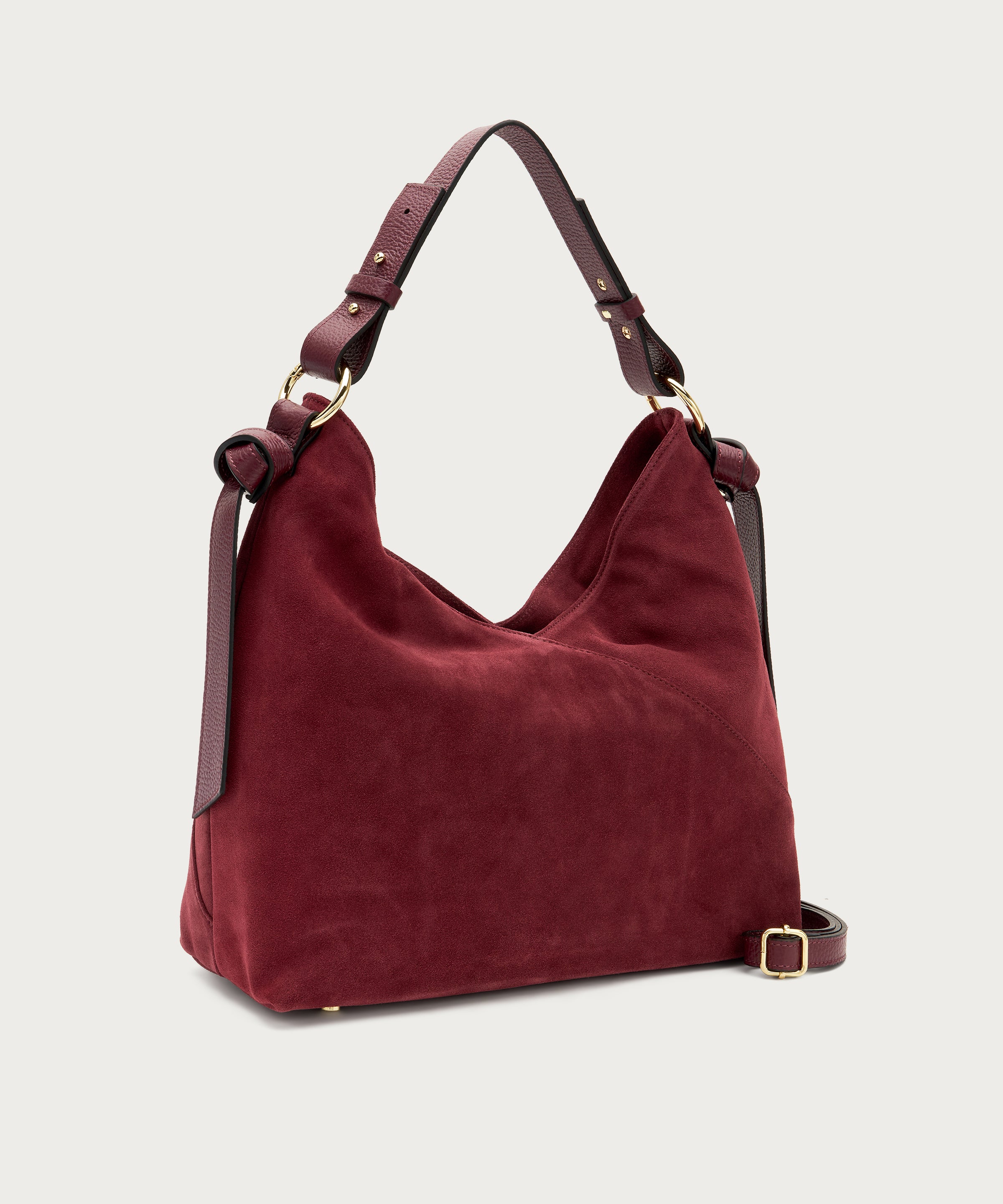 Große Schultertasche aus weichem Veloursleder in Bordeaux