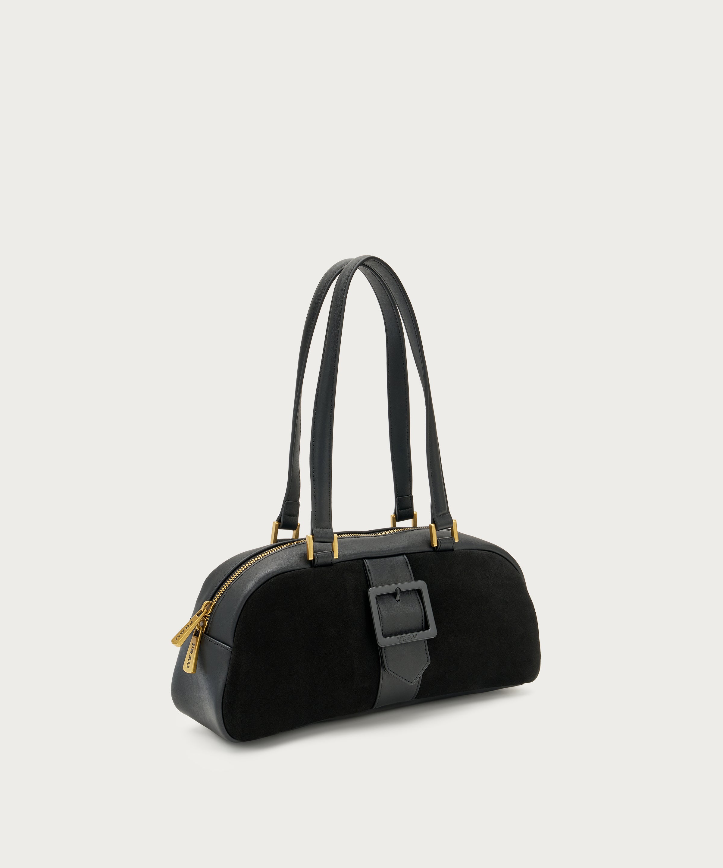 Mittelgroße Schultertasche aus Veloursleder und synthetischem Material in Schwarz