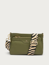 Multi-task leather bag with animal-print strap - Olive | FRAU